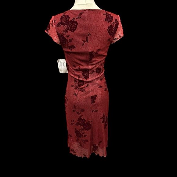 Y2K Goth Women’s Small Red Velvet Rose Floral Dress Square Neck Bodycon Romantic - Picture 4 of 12